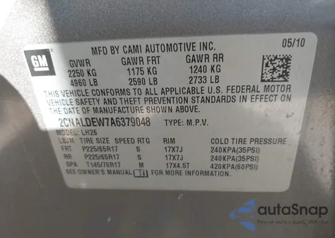 2010 Chevrolet Equinox Lt z USA, uszkodzony, nr VIN 2CNALDEW7A6379048